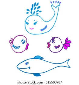 Marine animals in blue, white, violet colors. Cartoon sea characters. Shark, whale, fish. Good for kids prints, interior, wrapping paper, designs, clothes, textile.