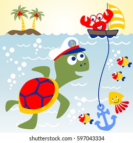 Marine animals cartoon, turtle wearing sailor cap, funny crab on sailboat, vector cartoon illustration