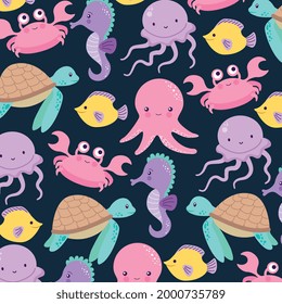 marine animals cartoons. pattern background. vector illustration