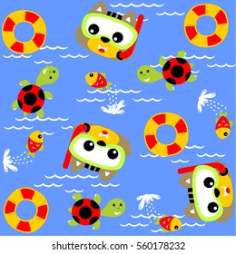 Marine animals with cat wearing diving goggles, pattern beach element background, vector cartoon illustration