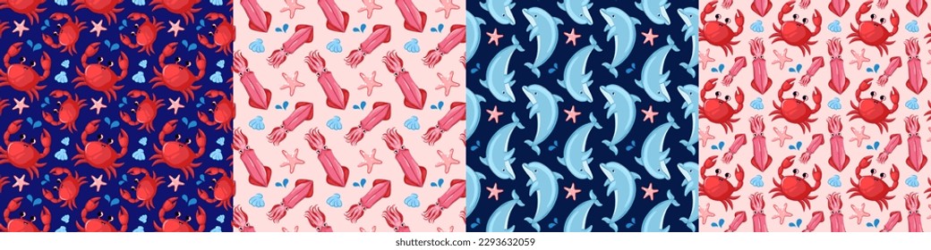 Marine animals. Children's patterns of the sea and ocean. Vector seamless pattern elements