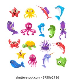 Marine Animals Collection Of Isolated Flat Childish Colorful Vector Icons On White Background