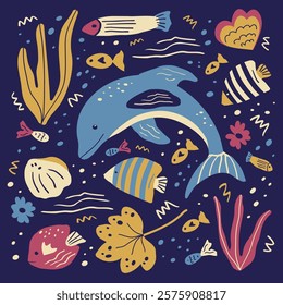 Animais marinhos. Uma coleção de ilustrações vetoriais sobre o tema do mundo subaquático, peixes desenhados à mão, golfinhos, conchas e algas. Desenhos para faixas, cartões postais, cartazes, alfabetos infantis.