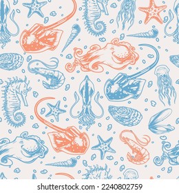 Marine animals colorful pattern seamless with squids and underwater stingrays near shrimp for fresh seafood fair advertising vector illustration