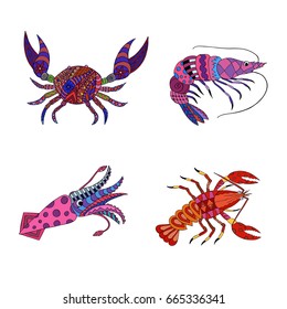 Marine animals: crab, shrimp, kalmar, lobster. Vector illustration. 