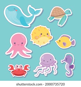 marine animals with cut lines. stickers. vector illustration