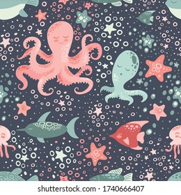 Marine animals cute vector seamless pattern. Childish cute backdrop. Underwater world inhabitants.  Jellyfish, fish and octopus cartoon texture. Seamless pattern for child textile. Kids sea background