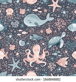 Marine animals cute vector seamless pattern. Childish cute backdrop. Underwater world inhabitants. Jellyfish, fish and octopus cartoon texture. Seamless pattern for child textile. Kids sea background