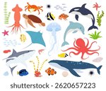 Marine animals with elements of underwater life. Sea animals vector illustration set. Cute sea or oceanic inhabitants on a white background.