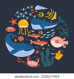 Marine animals and fish. Marine banner stylized in a circle. Underwater world, sea life. Vector illustration in cartoon style. Concept card with underwater inhabitants. Vector illustration.