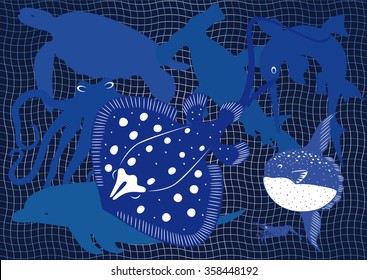 Marine animals and fish caught in fishing nets. Turtle, dolphin, numb-fish, saw fish, moon-fish, octopus,  hammerhead, shrimp in drift nets.
