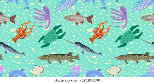 Marine animals, fish and octopus, jellyfish and narwhal. Seamless pattern, childrens ornament design, wild animals and sea. Printing on texil fabric. Vector illustration