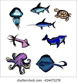 marine animals fish, stingrays, octopus, squid, whale. herring, tuna turtle jelly, set of icons. isolated vector