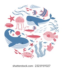 Marine animals and fish stylized in a circle. Underwater world, sea life. Vector whale, fish, algae. Concept card with underwater inhabitants. Vector illustration on white background.