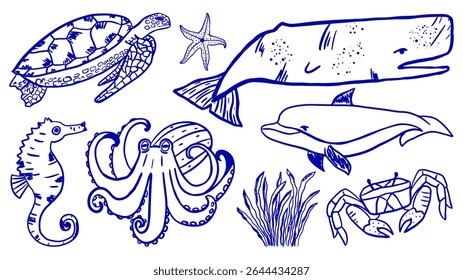 Marine animals hand drawn simple line trendy set. Sea and oceans turtle, sperm whale, starfish, dolphin, seahorse, octopus, sea plants and crab