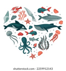 Marine animals in heart shape. Underwater world, sea creatures banner, poster, card design template cartoon vector