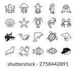 Marine animals icon set featuring ocean creatures like octopus, jellyfish, squid, seahorse, walrus, crab, lobster, fish, shark, dolphin, turtle and ray in clean outline style.