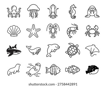 Marine animals icon set featuring ocean creatures like octopus, jellyfish, squid, seahorse, walrus, crab, lobster, fish, shark, dolphin, turtle and ray in clean outline style.