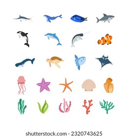 Marine Animals Illustration. Inhabitants of sea, ocean underwater life. Cute ocean animals vector set. Sea creatures cartoon characters, marine life clip art collection.