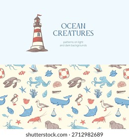Animales marinos para fondos claros y oscuros. Patrón sin fisuras. Artículos para viajes por mar. Habitantes marinos y oceánicos del mundo submarino en contorno y color. Boceto de plantas y animales marinos.