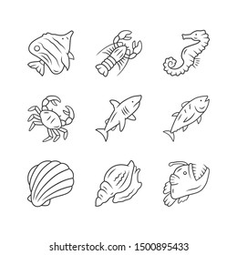Marine animals linear icons set. Swimming shark, anglerfish, butterflyfish. Underwater creature. Aquatic organism. Thin line contour symbols. Isolated vector outline illustrations. 