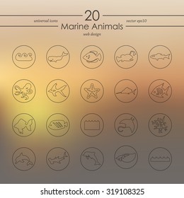 marine animals modern icons for mobile interface on blurred background