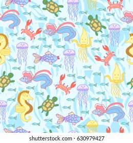 Marine animals: octopus, fish, crab, jellyfish, squid, turtle and seahorse. Seamless pattern with sea life. 