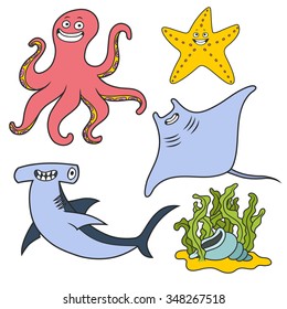 Marine animals. Octopus, starfish,hammerhead, stingrays and sea shell