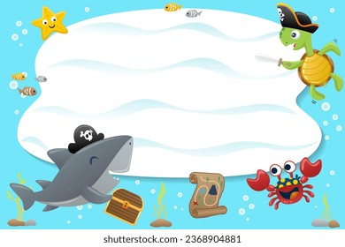 Marine animals pirate with blank sign. Vector cartoon illustration
