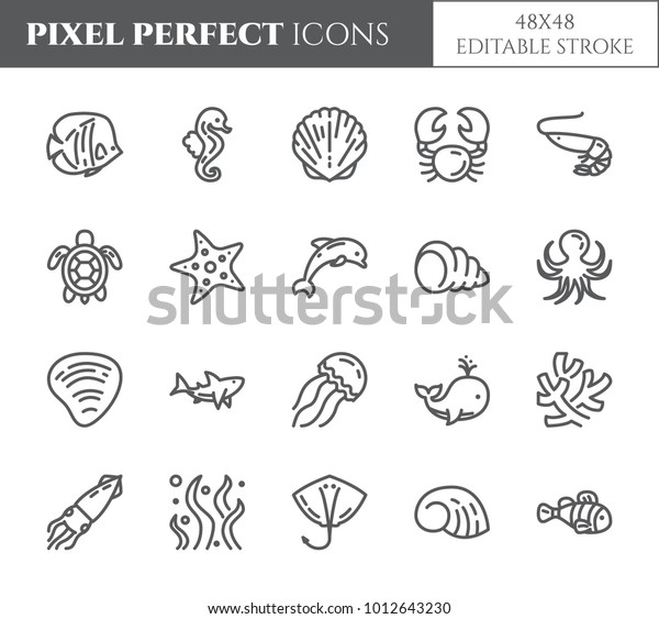 Marine animals pixel\
perfect icons set with different fishes and other sea and ocean\
elements. Isolated 48x48 pixels pictograms vector illustration with\
editable stroke.