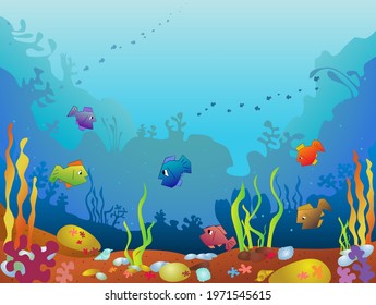 Marine animals and plants, colored cartoon with marine life. Various types of algae and shells. Vector illustration