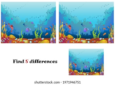 Marine animals and plants, colored cartoon with marine life. Vector illustration of a game for children find the differences.