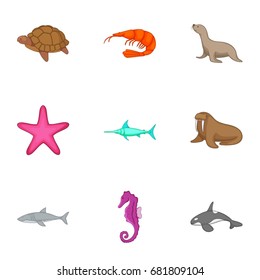 Marine animals from red book icons set. Cartoon set of 9 marine animals from red book vector icons for web isolated on white background