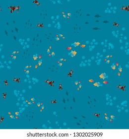 Marine animals seamless background. Vector seamless pattern with fish and corals.