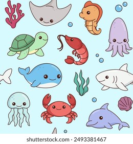 Patrón sin fisuras de los animales marinos, fondo. Ilustraciones simples de dibujos animados de niños, dibujos de Vector kawaii