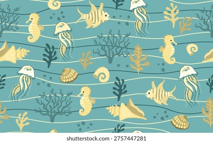 Marine animals seamless pattern. Cartoon algae, coral reefs, jellyfish, fish, seahorses, shells on blue background with wavy lines. Horizontal print on fabric and paper. Vector design for textile.