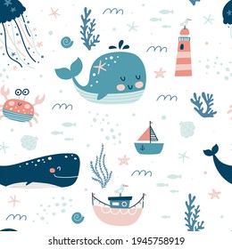 Marine animals seamless pattern. Childish print. Undersea world inhabitants. Оctopus, whale, fish, crab, sea transport. Vector illustration.