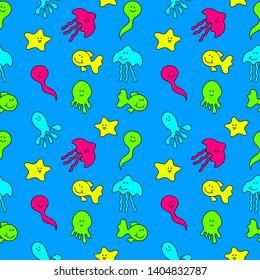 Marine animals seamless pattern. Vector illustration. Star, octopus, jellyfish.