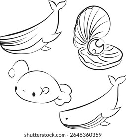 Marine animals Set 1 - shell, whale, pedicure fish