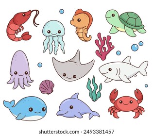 Animales marinos, conjunto de ilustraciones de dibujos animados de niños simples lindos, dibujos de Vector kawaii