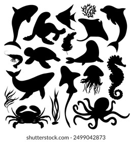 Marine Animals. Set illustrations of black and white silhouettes of sea creatures. Shark, whale, turtle, shrimp and others.