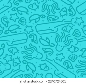 Marine animals set linear pattern seamless. background Octopus and turtle, fish and shrimp. Whale and starfish. Sea animal Ornament of kids fabric