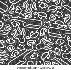 Marine animals set linear pattern seamless. background Octopus and turtle, fish and shrimp. Whale and starfish. Sea animal Ornament of kids fabric