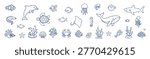 Marine animals set ocean line outline icon on transparent background