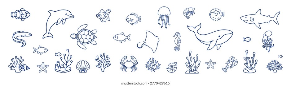 Marine animals set ocean line outline icon on transparent background