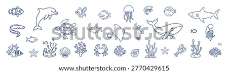 Marine animals set ocean line outline icon on transparent background