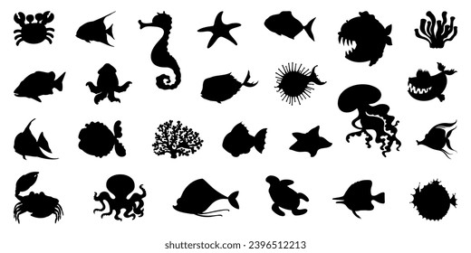 Marine animals silhouette collection in black. Set of black sea animals silhouette. Collection of sea animals silhouettes