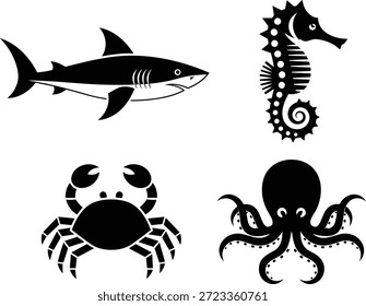 Meerestiere Silhouette Vektor Set mit Hai Krabbe Seahorse