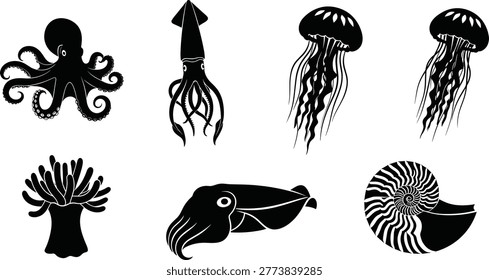 marine animals silhouette vector set featuring octopus squid jellyfish coral cuttlefish and nautilus shell icons isolated on white background
