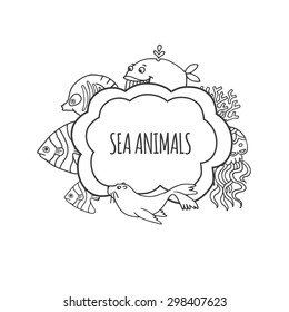 Marine animals sketch bubbles vector illustration